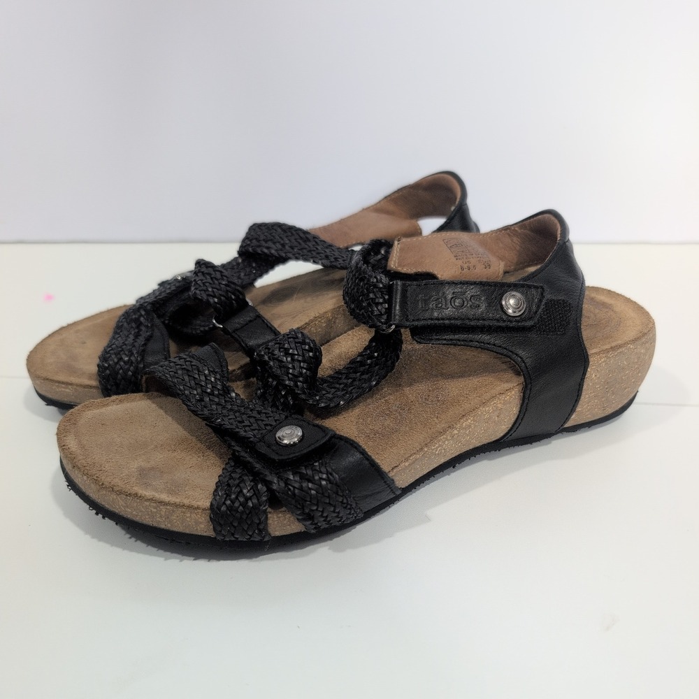 Taos Trulie Black Leather Woven Strap Comfort Wedge Sandals Womens 8-8.5 EUR 39